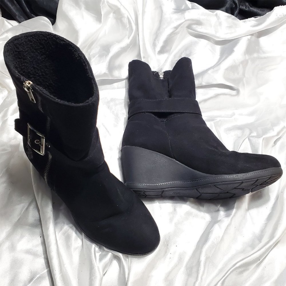 US POLO ASSN black suede wedge heel faux wool lined winter boots  OPHELIA SZ 9.5